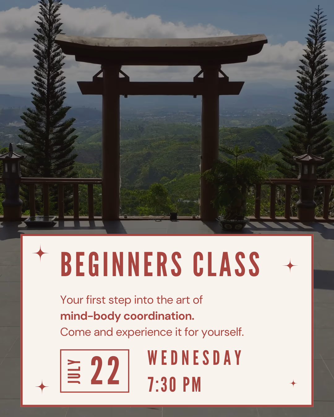 Event poster for Ki Aikido Free Open Class — Wednesday 22 July 2026 at Dokkodo dojo, Grey Lynn, Auckland