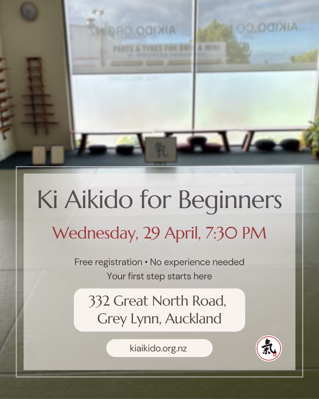 Event poster for Ki Aikido for Beginners — Wednesday 29 April 2026 at Dokkodo dojo, Grey Lynn, Auckland