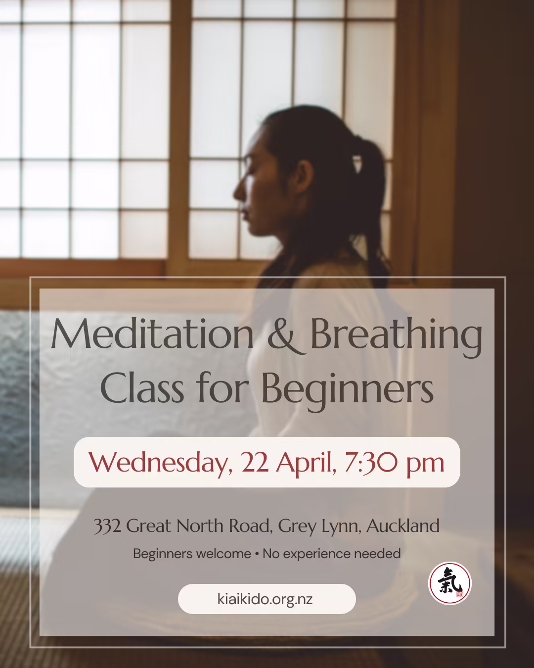 Event poster for Meditation & Breathing Class for Beginners — Wednesday 22 April 2026 at Dokkodo dojo, Grey Lynn, Auckland